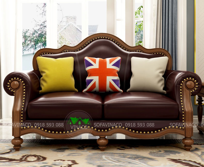 Bộ ghế sofa tân cổ điển màu nâu da bóng sang trọng đẹp mắt cho phòng khách